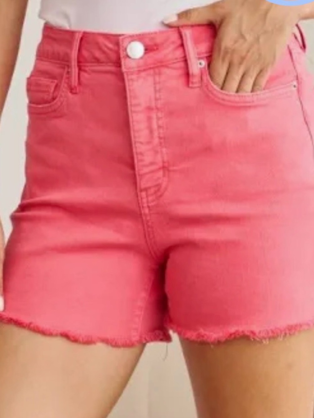 RFM Tummy Control High Waist Raw Hem Denim Shorts, coral